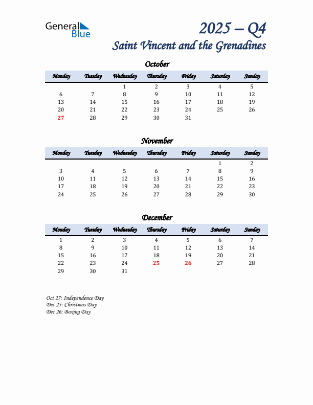 October, November, and December Calendar for Saint Vincent and the Grenadines with Monday Start
