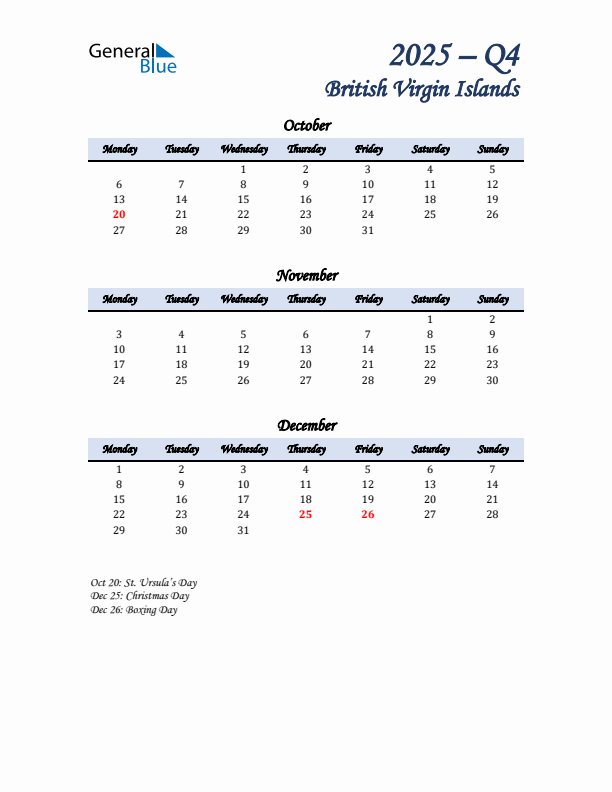 October, November, and December Calendar for British Virgin Islands with Monday Start