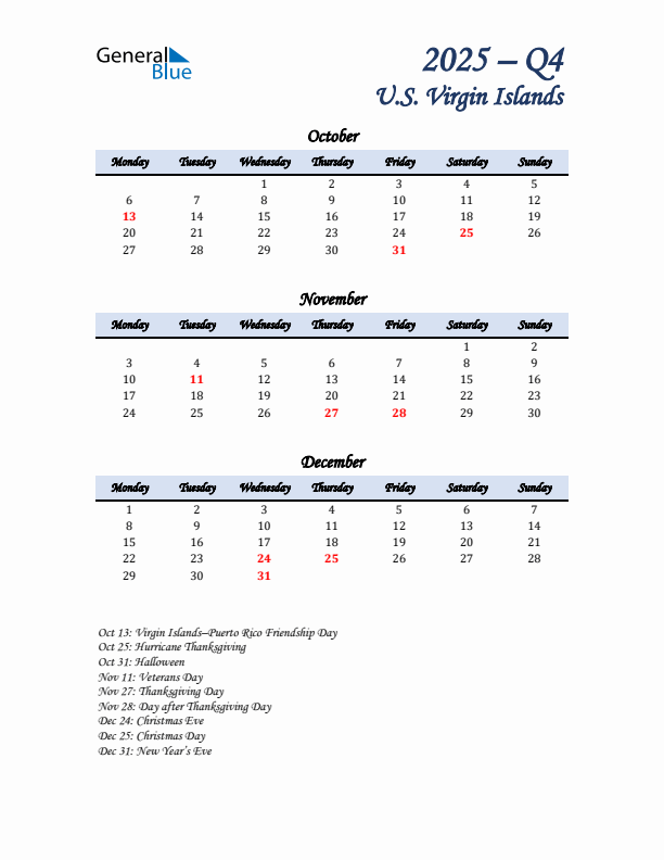 October, November, and December Calendar for U.S. Virgin Islands with Monday Start