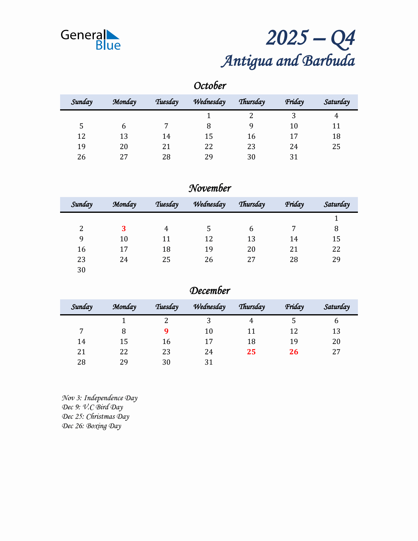 October, November, and December Calendar for Antigua and Barbuda with Sunday Start