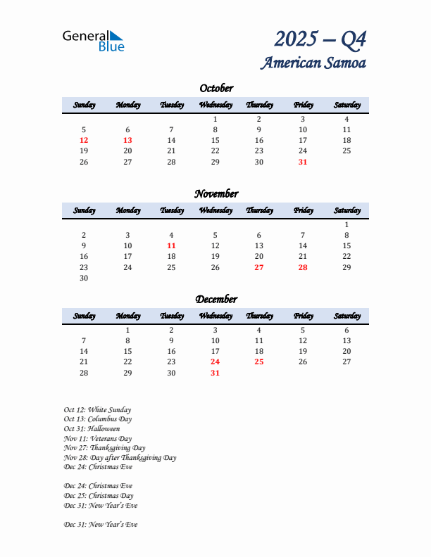 October, November, and December Calendar for American Samoa with Sunday Start