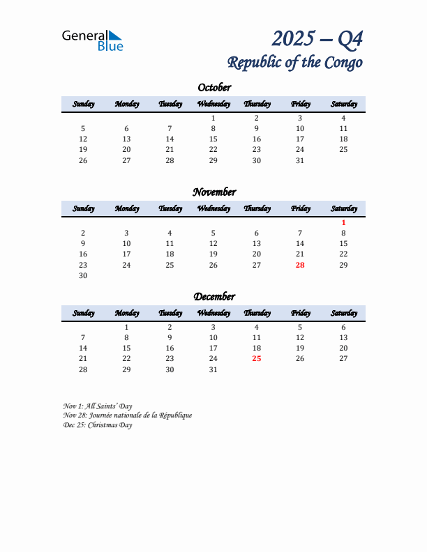 October, November, and December Calendar for Republic of the Congo with Sunday Start