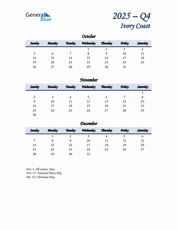 October, November, and December Calendar for Ivory Coast with Sunday Start