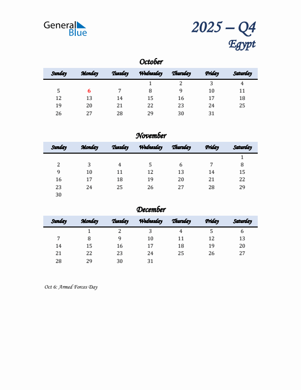 October, November, and December Calendar for Egypt with Sunday Start