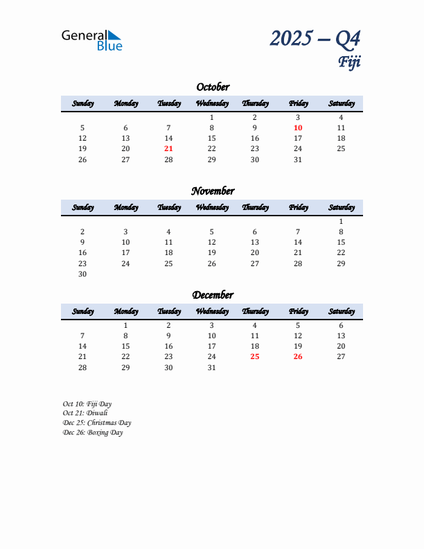 October, November, and December Calendar for Fiji with Sunday Start
