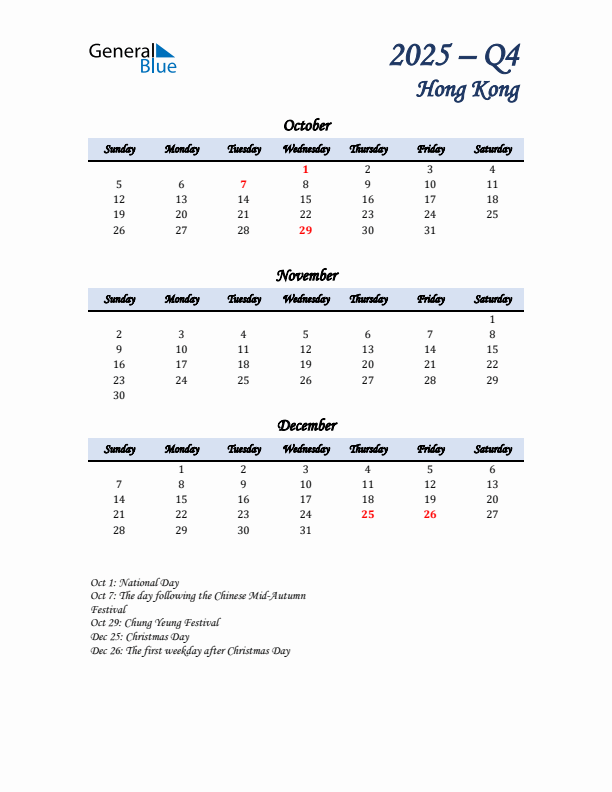 October, November, and December Calendar for Hong Kong with Sunday Start