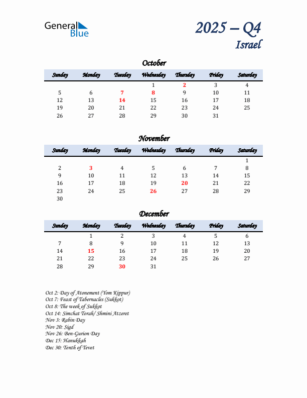 October, November, and December Calendar for Israel with Sunday Start