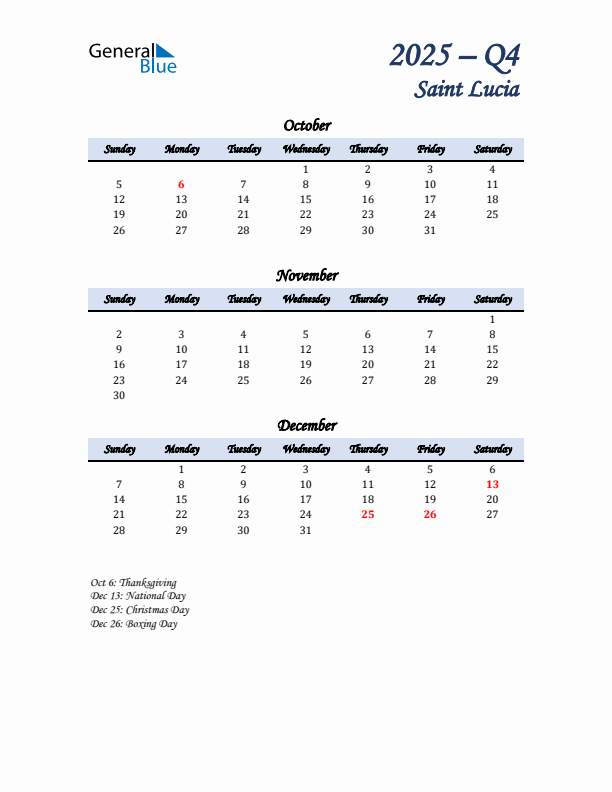 October, November, and December Calendar for Saint Lucia with Sunday Start