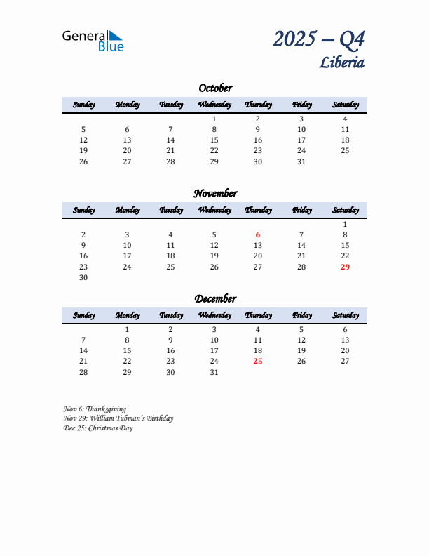 October, November, and December Calendar for Liberia with Sunday Start