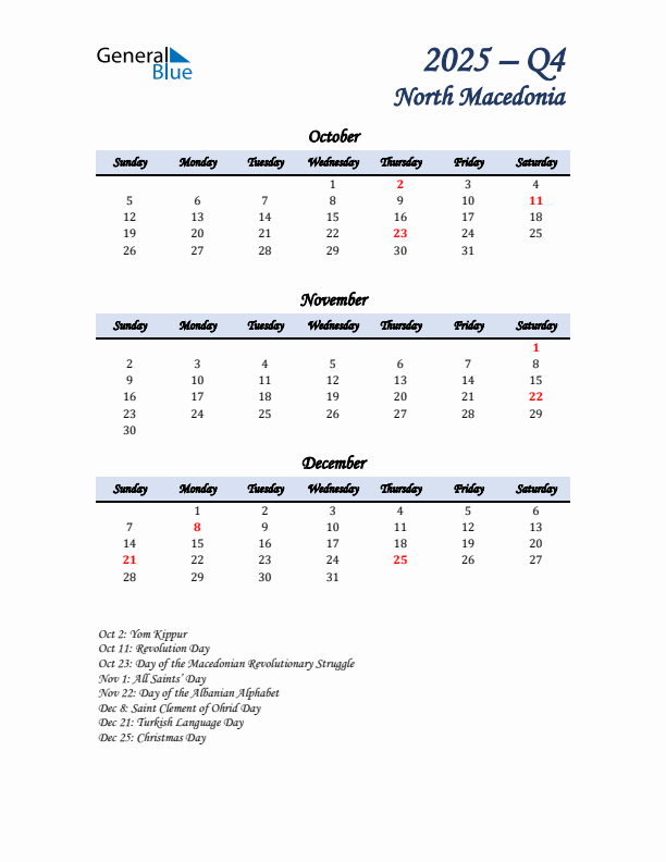 October, November, and December Calendar for North Macedonia with Sunday Start