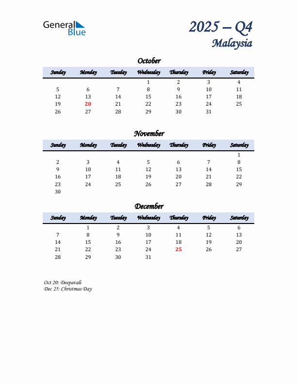 October, November, and December Calendar for Malaysia with Sunday Start