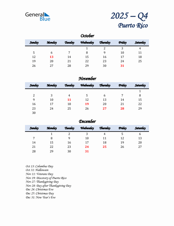 October, November, and December Calendar for Puerto Rico with Sunday Start