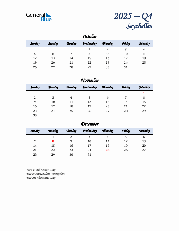 October, November, and December Calendar for Seychelles with Sunday Start