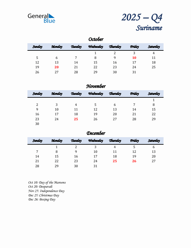 October, November, and December Calendar for Suriname with Sunday Start