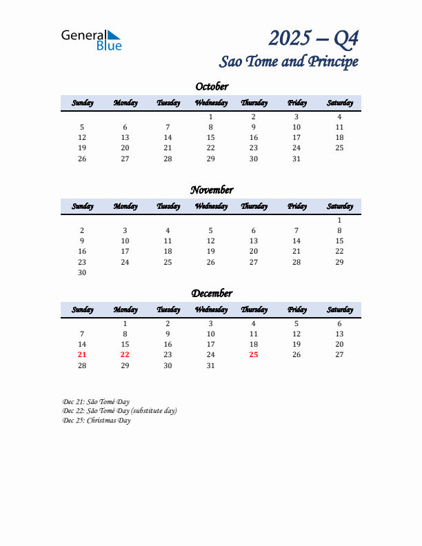 October, November, and December Calendar for Sao Tome and Principe with Sunday Start