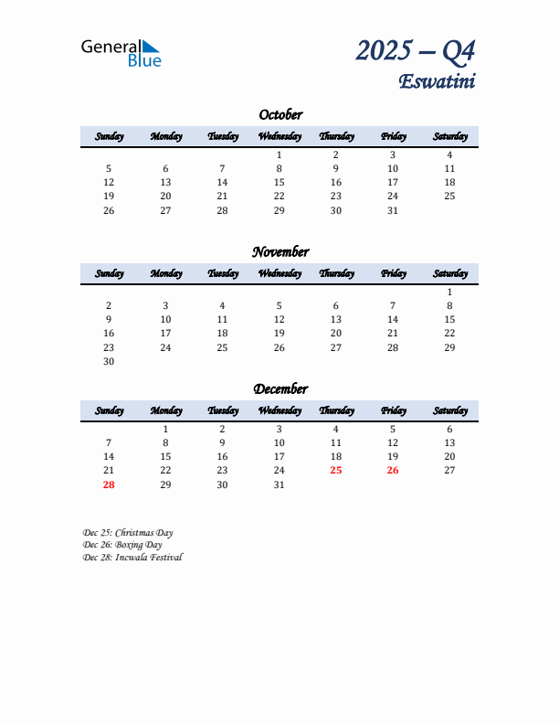 October, November, and December Calendar for Eswatini with Sunday Start