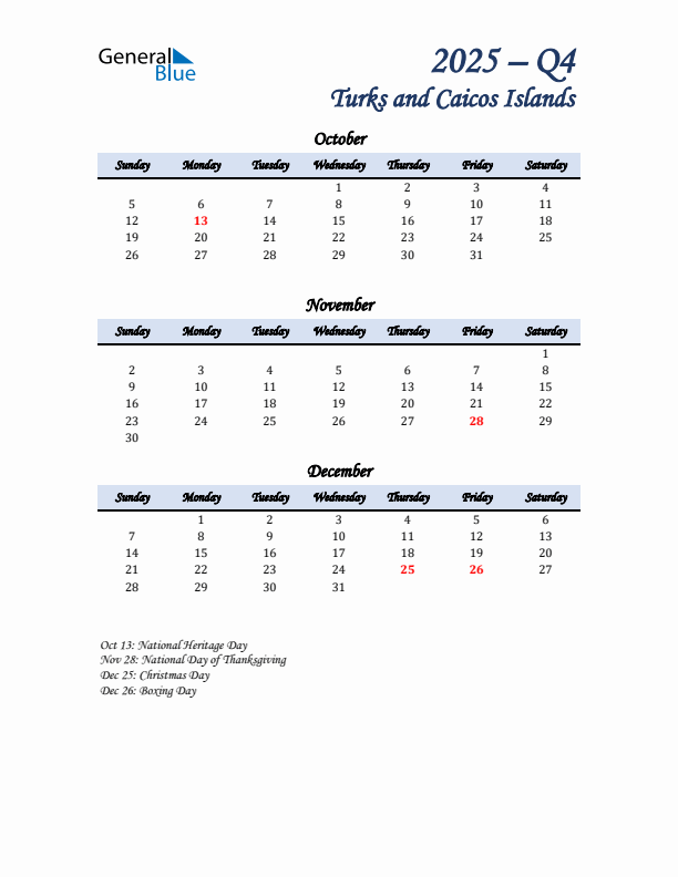 October, November, and December Calendar for Turks and Caicos Islands with Sunday Start