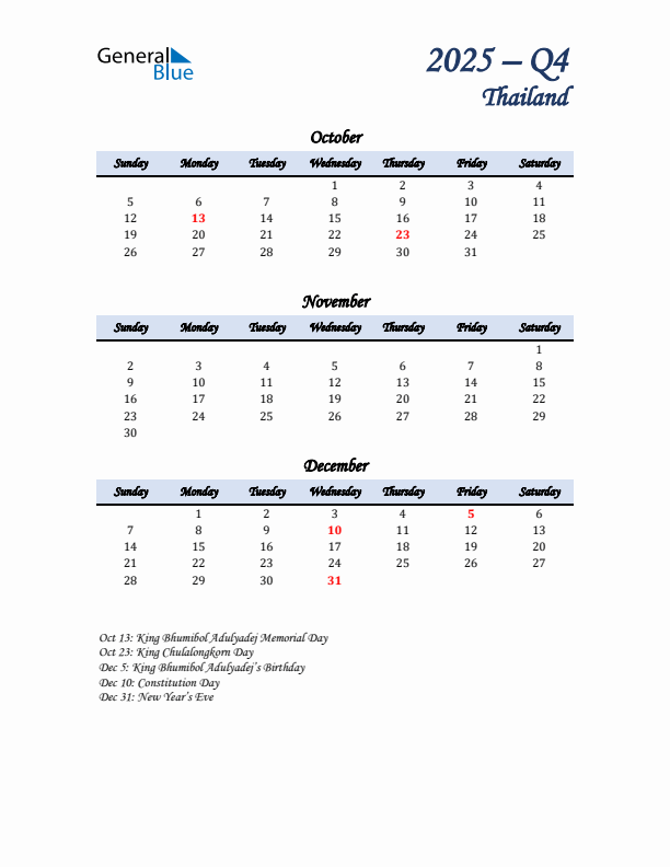 October, November, and December Calendar for Thailand with Sunday Start