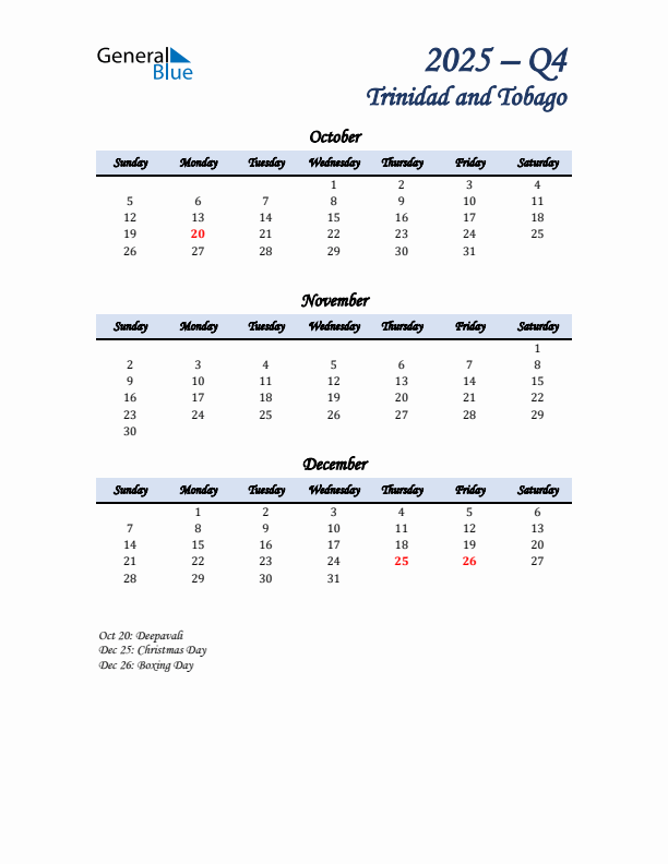 October, November, and December Calendar for Trinidad and Tobago with Sunday Start