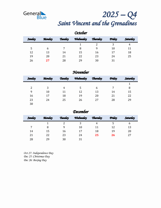 October, November, and December Calendar for Saint Vincent and the Grenadines with Sunday Start
