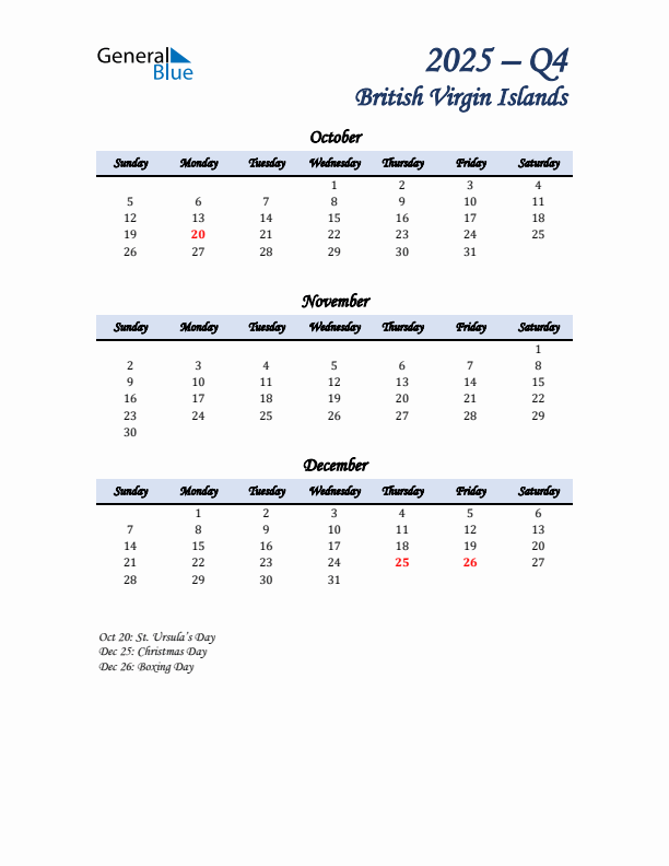 October, November, and December Calendar for British Virgin Islands with Sunday Start