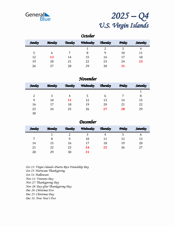 October, November, and December Calendar for U.S. Virgin Islands with Sunday Start