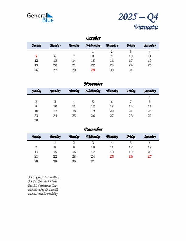 October, November, and December Calendar for Vanuatu with Sunday Start