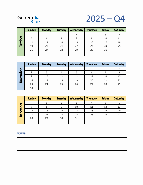 Quarter 4 2025 calendar template