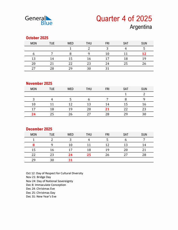 Printable Three Month Calendar with Argentina Holidays