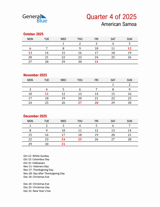 Printable Three Month Calendar with American Samoa Holidays