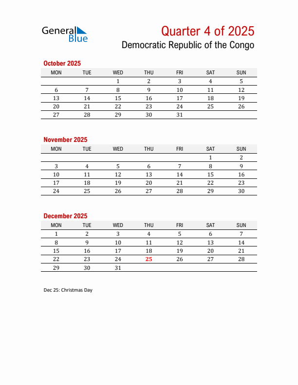 Printable Three Month Calendar with Democratic Republic of the Congo Holidays