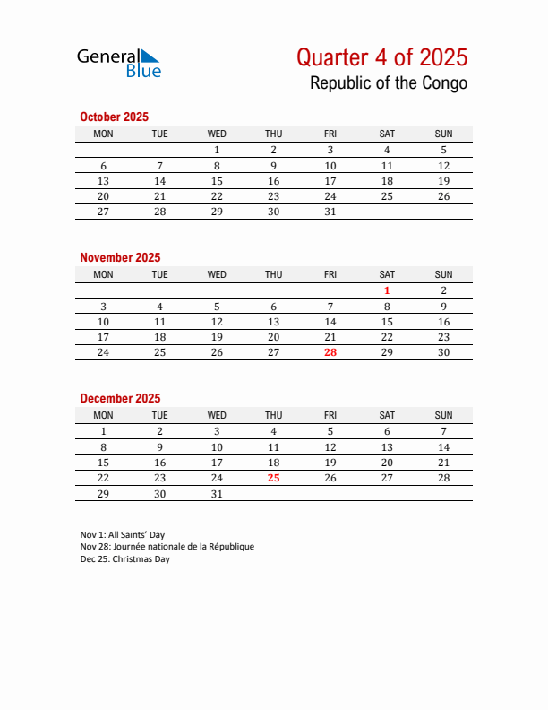 Printable Three Month Calendar with Republic of the Congo Holidays