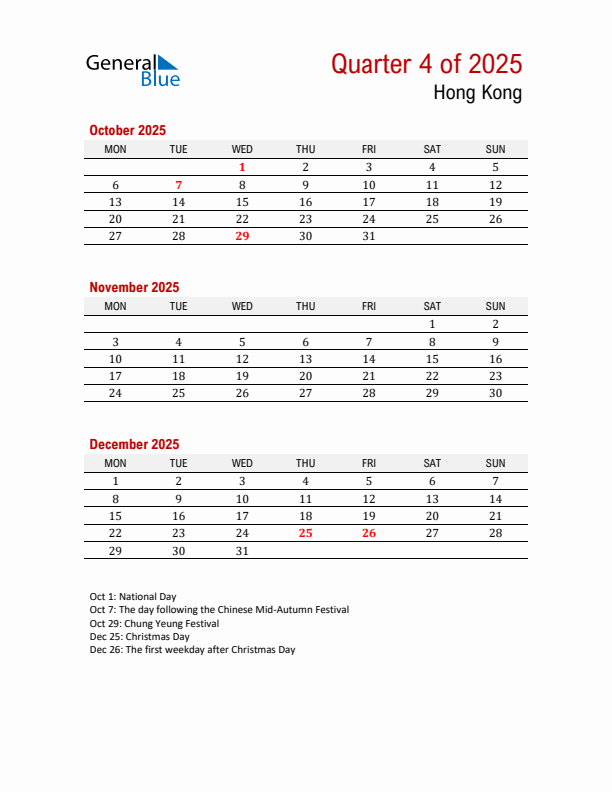 Printable Three Month Calendar with Hong Kong Holidays