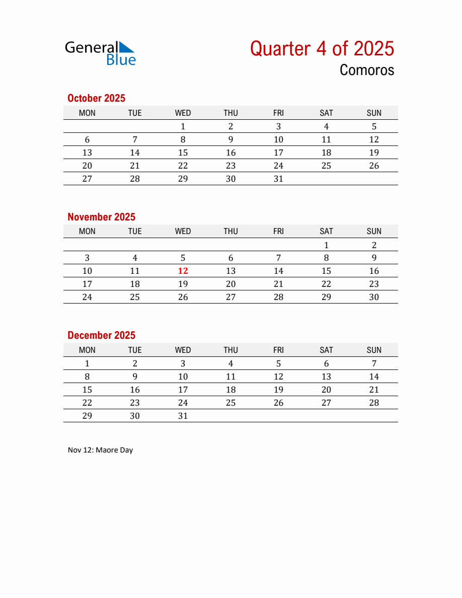 Printable Three Month Calendar with Comoros Holidays (Q4 2025) - Monday ...