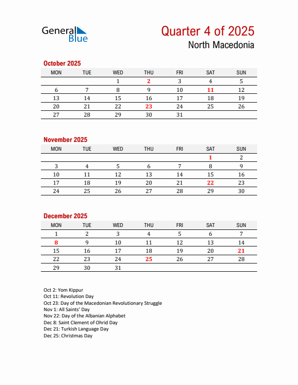 Printable Three Month Calendar with North Macedonia Holidays