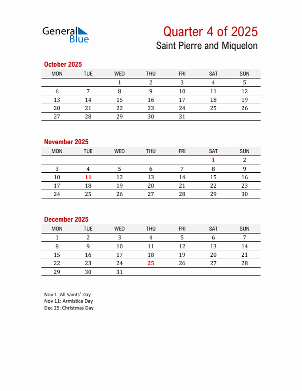 Printable Three Month Calendar with Saint Pierre and Miquelon Holidays