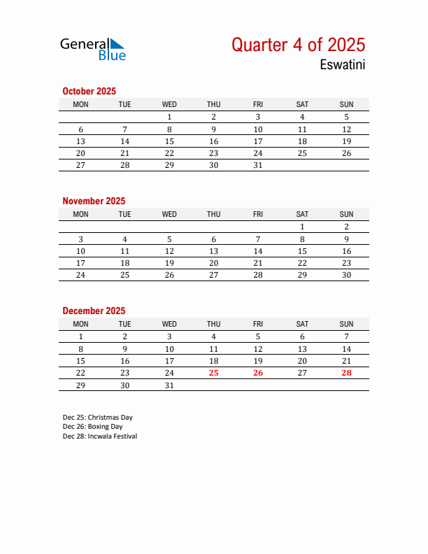 Printable Three Month Calendar with Eswatini Holidays