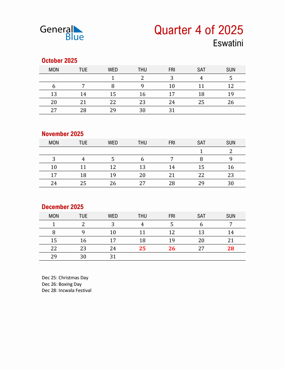 Printable Three Month Calendar with Eswatini Holidays (Q4 2025 ...