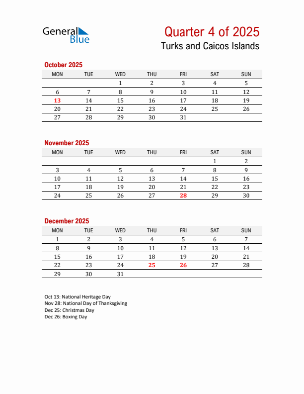 Printable Three Month Calendar with Turks and Caicos Islands Holidays