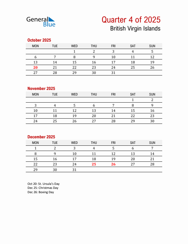Printable Three Month Calendar with British Virgin Islands Holidays
