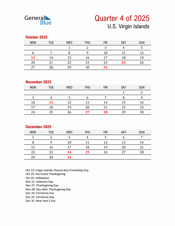 Printable Three Month Calendar with U.S. Virgin Islands Holidays