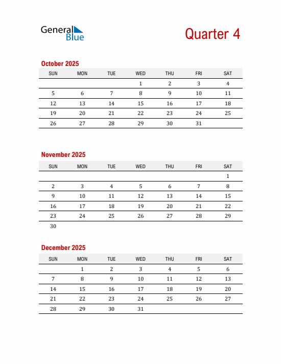 Quarter 4 2025 calendar template