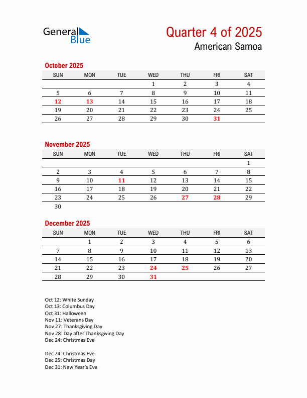 Printable Three Month Calendar with American Samoa Holidays