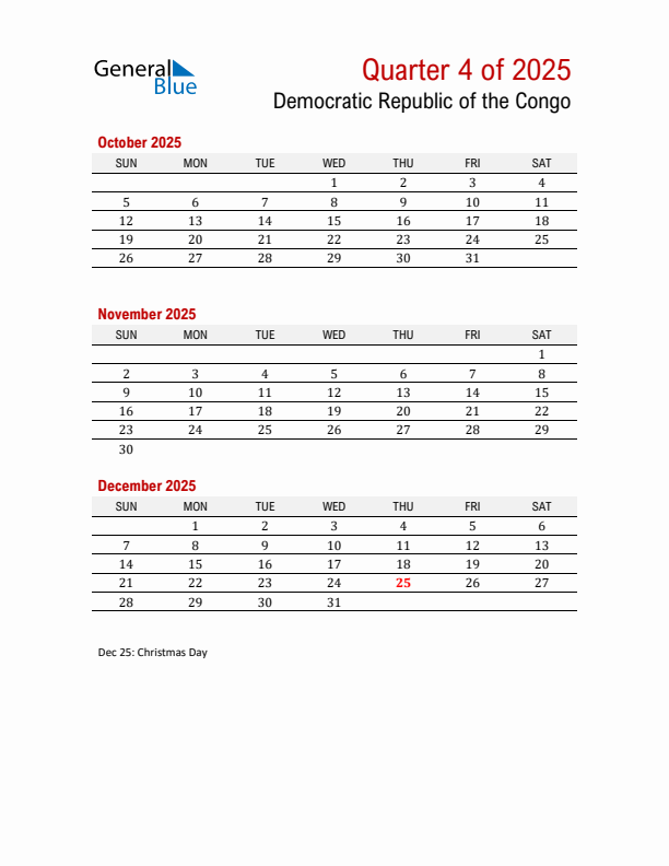 Printable Three Month Calendar with Democratic Republic of the Congo Holidays