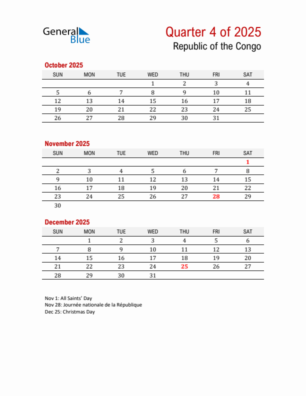 Printable Three Month Calendar with Republic of the Congo Holidays