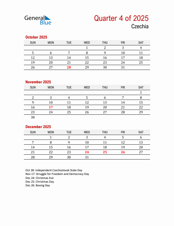 Printable Three Month Calendar with Czechia Holidays