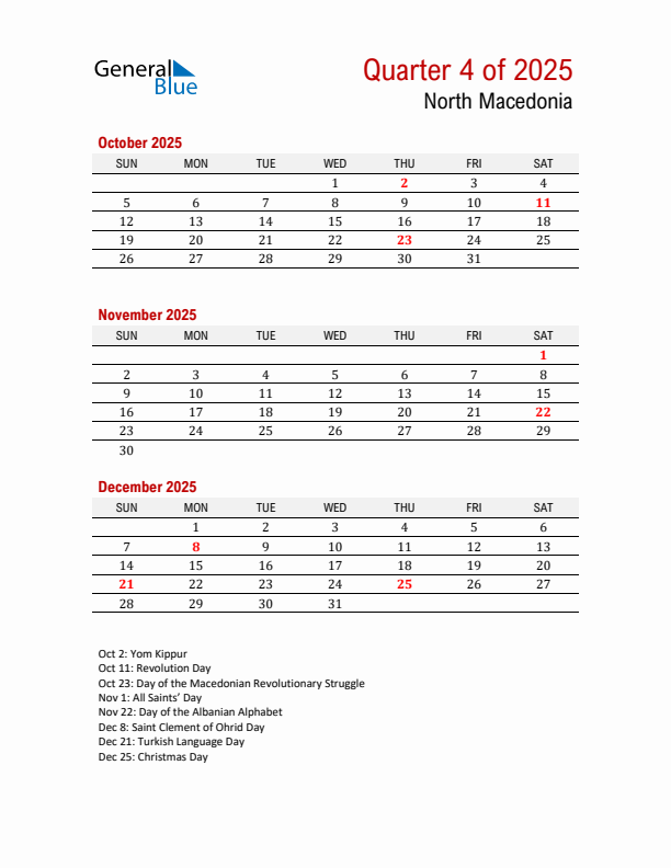 Printable Three Month Calendar with North Macedonia Holidays
