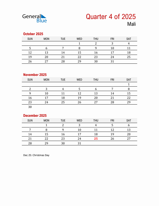 Printable Three Month Calendar with Mali Holidays