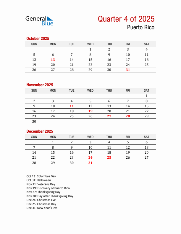 Printable Three Month Calendar with Puerto Rico Holidays