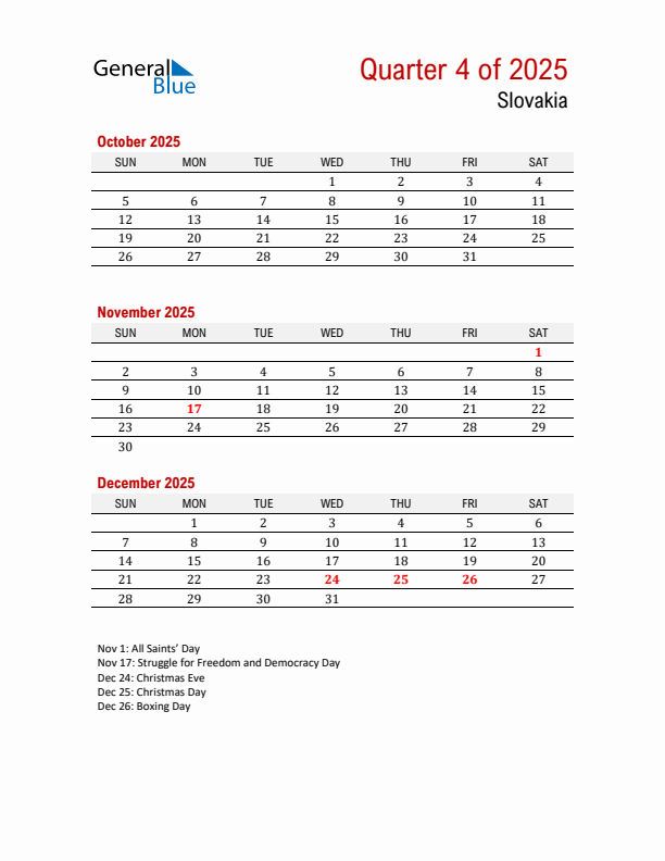 Printable Three Month Calendar with Slovakia Holidays